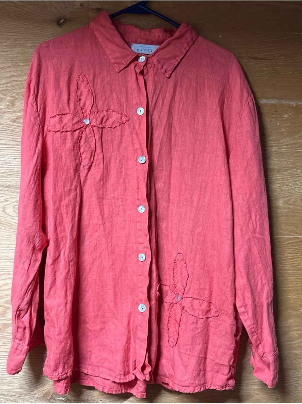 Willow Coral Pink Linen Button-Down Shirt with Floral Stitching